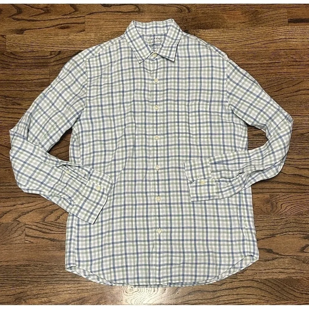 J Crew Irish Linen Green/Blue Plaid Button Down Long Sleeve Shirt Men's Sz M